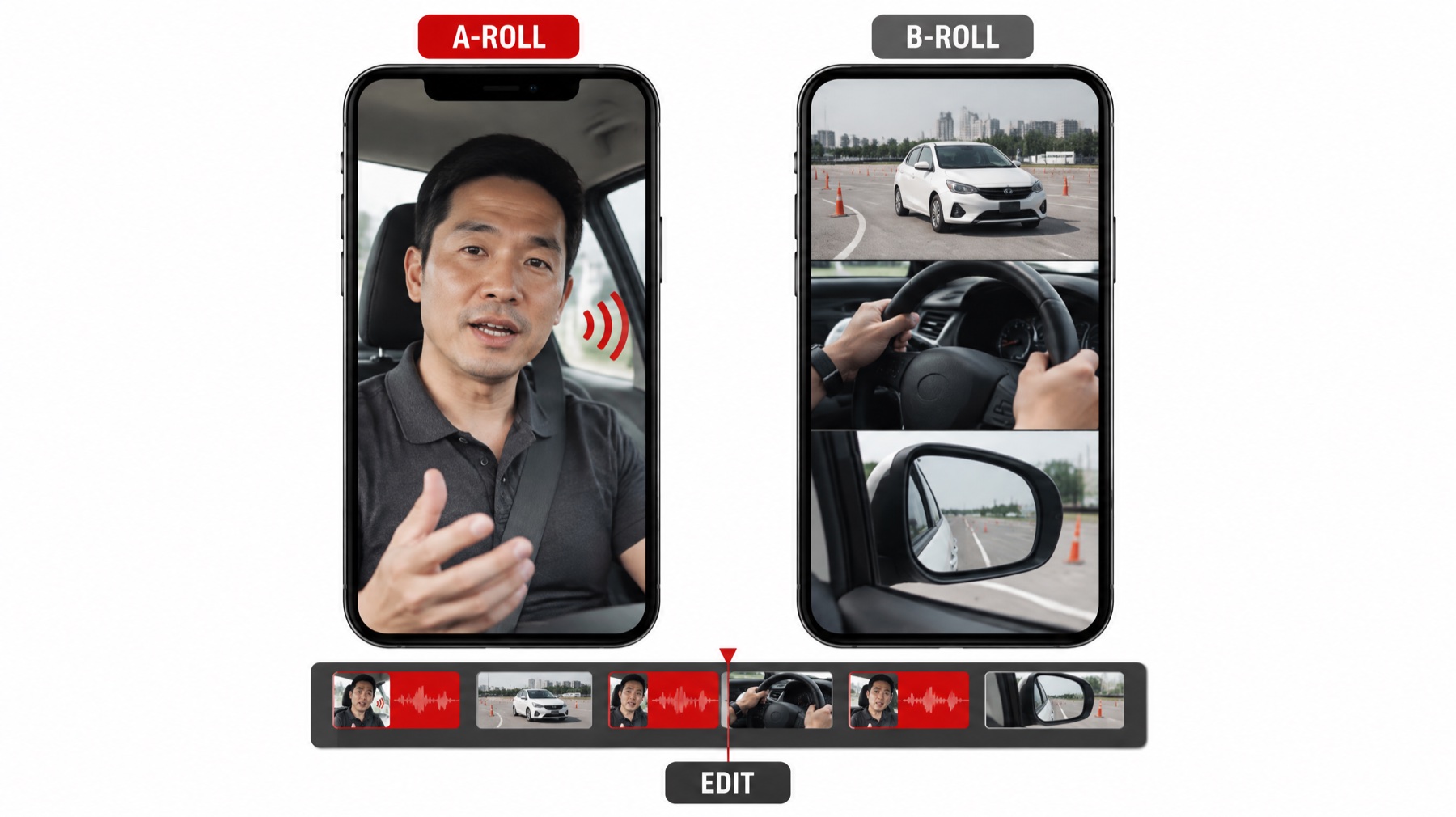คลิป A-roll ครูฝึกพูด และ B-roll ช็อตรถ เรียงเข้าไทม์ไลน์ตัดต่อ